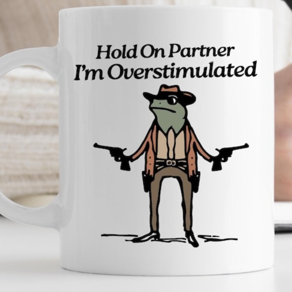 Hold On Partner I'm Overstimulated Mug, Cowboy Frog Coffee Cup, Funny Mugs 73